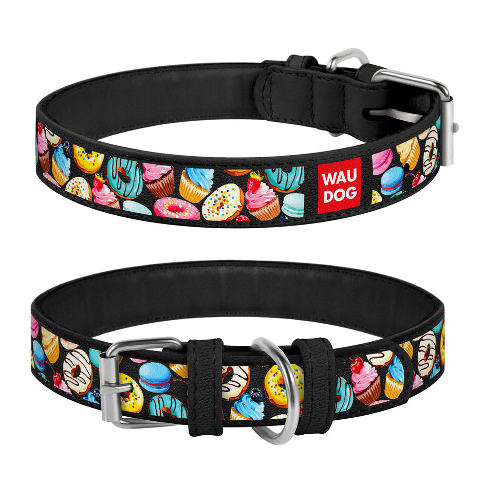 Waudog Donuts Black Leather Dog Collar