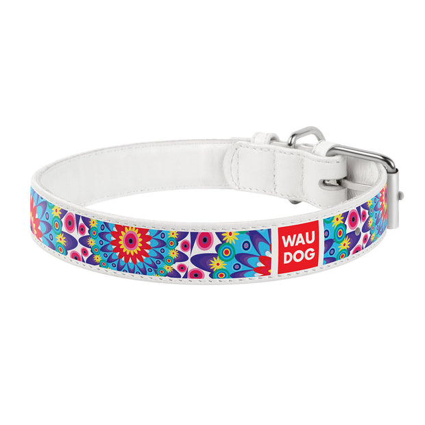 Waudog Flowers White Leather Collar